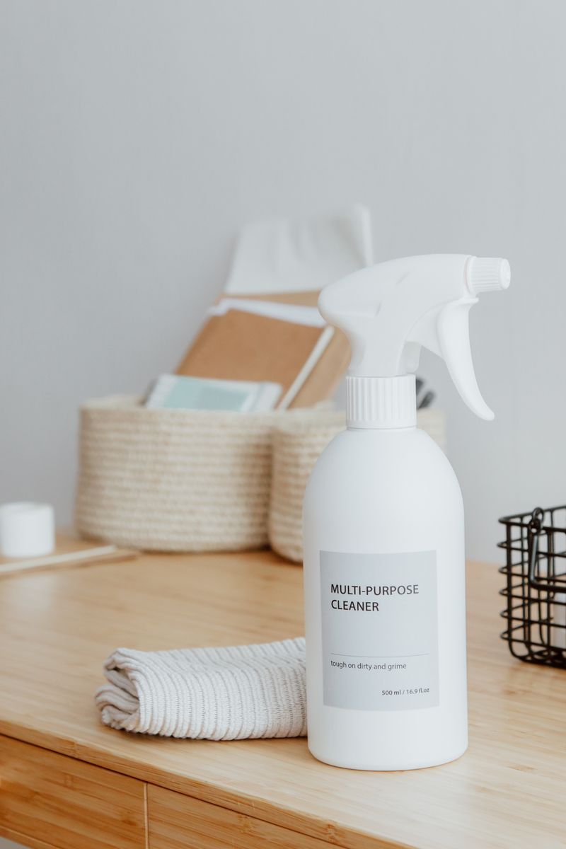 Minimalist desk with a focus on a multipurpose cleaner, office supplies, and storage solutions.
